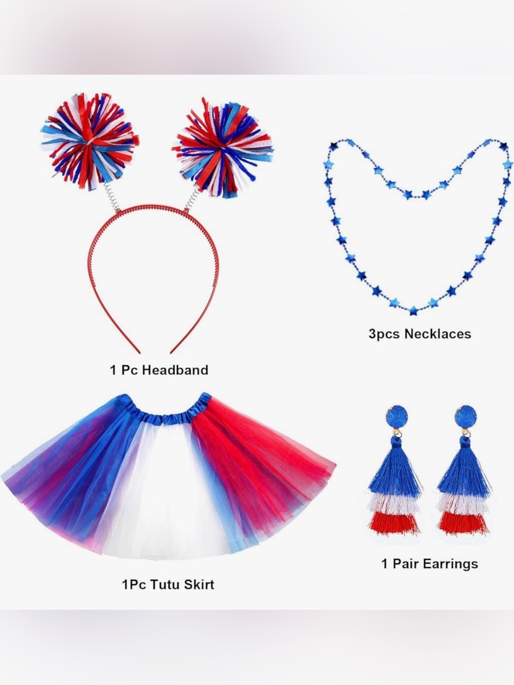 New! 6 Pcs 4th of July Tutu Set With  Red White and Blue Accessories - Picture 3 of 11